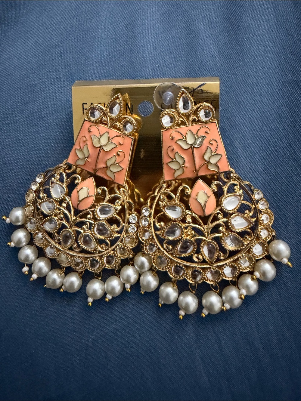 Gold and Peach Floral Chandbali Earrings with Pearl Drops